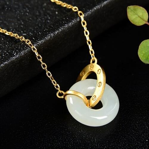 Natural White Jade Safe Buckle Pendant S925 Sterling Silver Ancient Method Inlaid Ring Interlocking and Never Separating