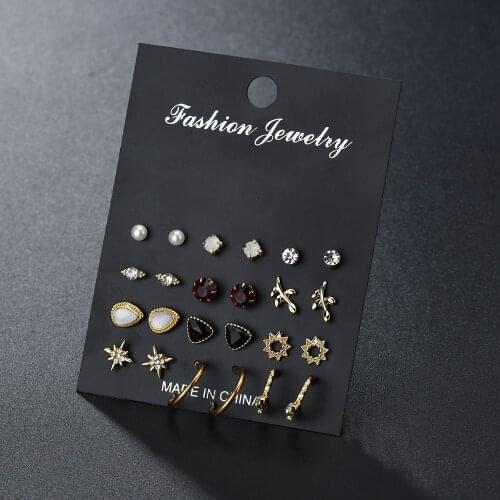 12 Pairs Korean Exquisite Irregular Pearl Rhinestone Metal Leaf Star Hoop Stud Earrings Set for Women Girls Men Ear Jewelry Gift