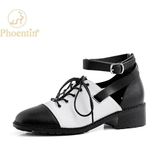 Phoentin British Style retro Loafers with strap buckle Women Autumn Genuine Leather Round Toe mid Heels Oxford Shoes FT1638