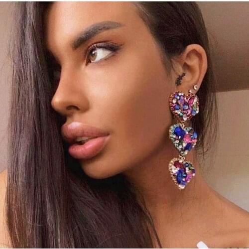 Lovely Shiny Rhinestone Heart Charms Dangle Earrings For Women Jewelry Fashion Show Ladys' Dress Statement Earrings Accessories