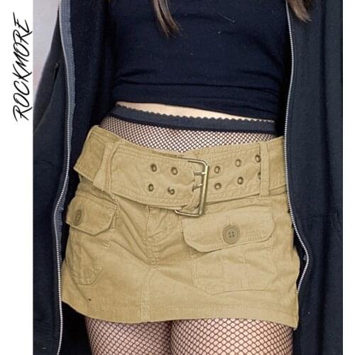 Rockmore Vintage Mini Shorts Skirt With Belt Women Low Waist Straight Denim Skirt Korean Streetwear Short Skirt Harajuku 90s