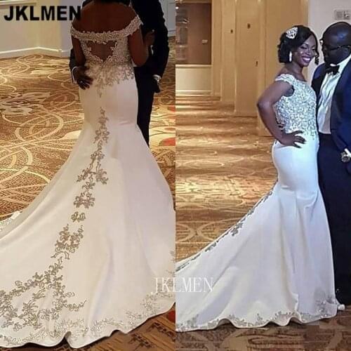 Mermaid Wedding Reception Dress Satin Gold Applique Off-the-shoulder Trumpet Bridal Gown CT029