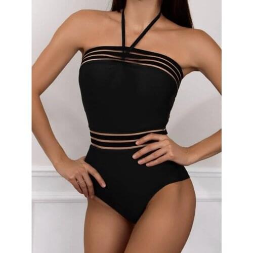 Sexy Mesh Swimsuit Patchwork Swimwear Women One Piece Swimsuit Female 2022 Halter Neck Top Sexy Monokini Bodusuit Beachwear New