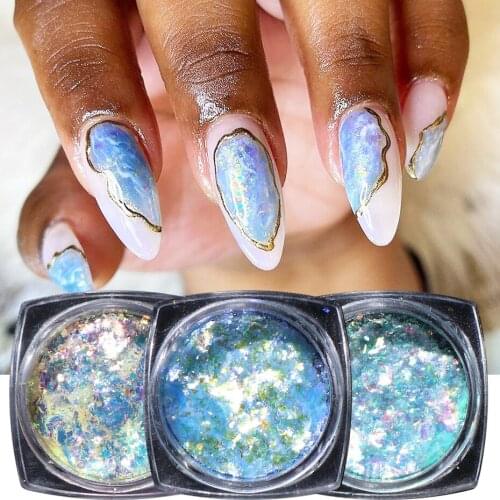 Blue Opal Nail Powder Iridescent Aurora Nail Art Glitter Shimmer Crystals Flakes Nail Skirts DIY Accessories Pigment LEOB01-12
