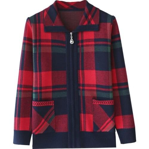 Red Plaid Green Plaid Sweater Cardigan Middle-aged and Elderly Womens Sweaters Autumn Winter Zipper Knitted Sweater Coat Tops