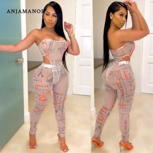 ANJAMANOR Hot Sexy Nude Mesh See Through Matching Sets for Women Two Piece Set Bodysuit and Leggings Club Outfits D57-CA17