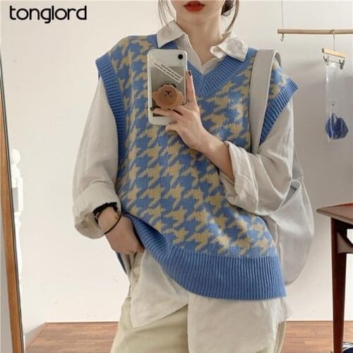 2021 Korea Autumn Retro Houndstooth Sweater Tanks For Women Loose Sleeve V-Neck Waistcoat Female INS Style Knitted Outwear Tops