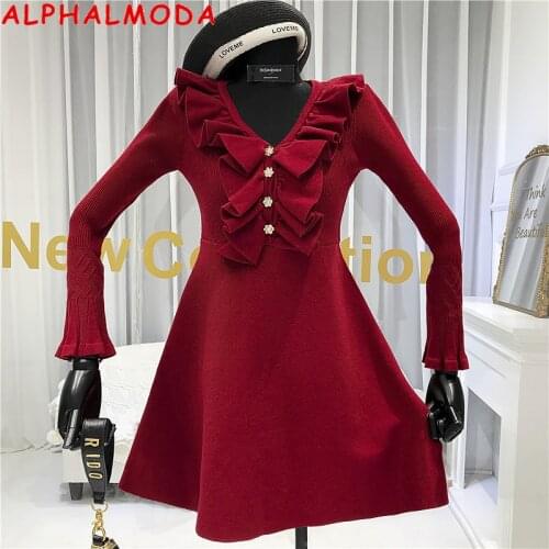 ALPHALMODA 2019 Autumn Winter Women Ruffled Knitted Dress Long-sleeved V-neck Crystal Buttons Female Sweet Dress
