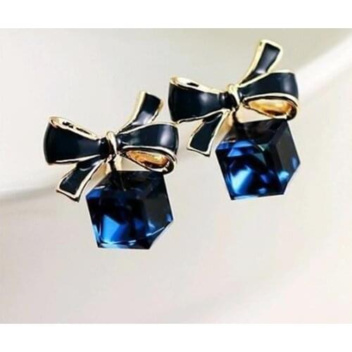 1 Pair Fashion Faux Crystal Bowknot Cube Ear Stud Earring Jewelry Accessory for Party