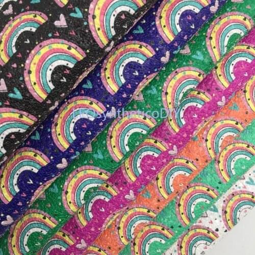 1PC 21X29CM Glitter Fabric, Chunky Glitter Leather with Printed Rainbows and Hearts For Making Bows LEOsyntheticoDIY T491