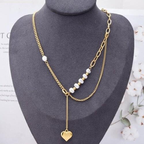 316L Stainless Steel Heart Irregular Pearl Charms Thick Chain Choker Pendant Necklace For Women Fashion Fine Jewelry Party Gift
