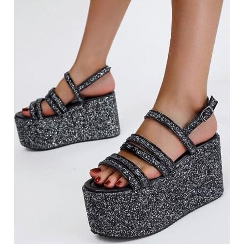 BONJOMARISA Trendy Female Brand Deisgn Bling Sequines Back Strap Open Toe Platform Wedges Summer Sandals Women Leisure Shoes