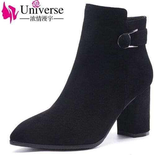 Universe stylish women winter boots kid suede upper warm short plush lining ladies high heel ankle boots G294