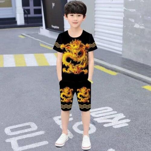 Chinese style Big Children Clothing Boy Dragon pattern Quick-drying Breathable Summer Short-sleeve Sports Shorts Suit