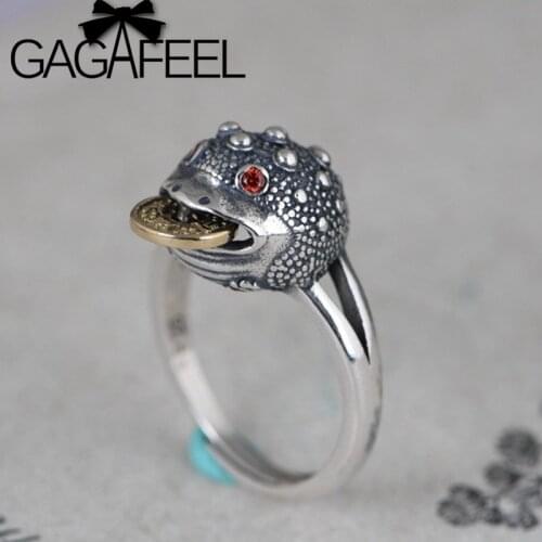 GAGAFEEL 925 Sterling Silver Vintage Ring Womens Literary Golden Toad Open Ring For Women Party Gift Fashion Fine Jewelry