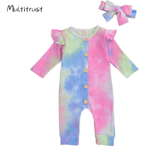 2020 Newborn Infant Baby Girls Long Sleeve Tie-Dye Printed Ruffles Rompers Hooded Sleeveless Jumpsuits 0-18M