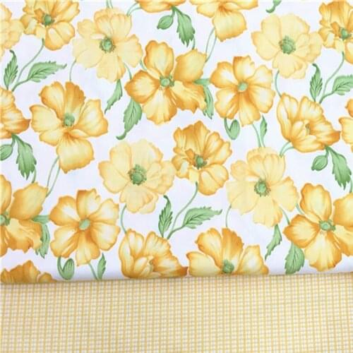 Pretty 40x50cm Yellow Sunflower & Check 100% cotton twill cotton Fabric Bundle For DIY Sewing