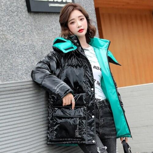 Korean Winter Hooded Coats Women Short Down Cotton Jacket Coat Woman Winter Jackets Womens Glossy Coat Outwear Female Black Coat