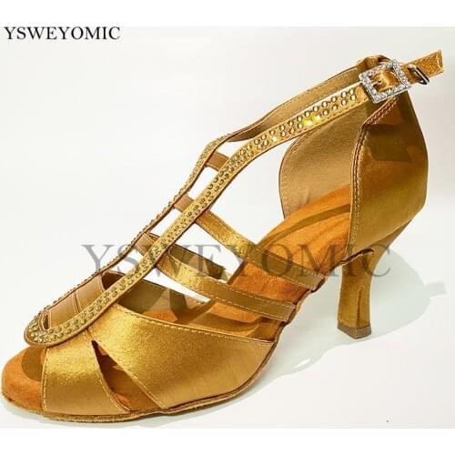 Brown Satin Rhinestone Latin Shoes Meduim Heel 7.5cm Customized Colors Black Red Suede Sole Salsa Dance Shoes Women