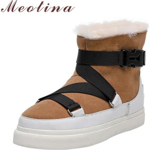 Meotina Cow Suede Natural Genuine Leather Platform Flats Snow Boots Women Short Boots Shoes Slip On Warm Ankle Boots Brown 42