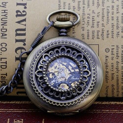 Fashion Vintage Hollow Flower Mechanical Pocket Watches Black Case Women Men Hand Winding Fob Chain PJX1305