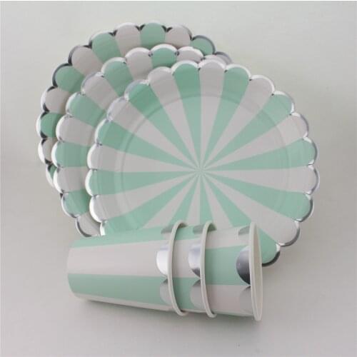 Mint Green Striped Dinner Paper Tableware Wedding Party Decoration Paper Plates Cups Napkins Birthday Baby Shower Party Supplies