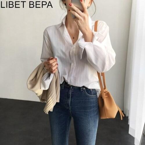 New 2021 Fall Spring Womens Blouses Casual POLO Collar Shirt Clothing Striped Minimalist Style Tunika Office Ladies Tops BL1799