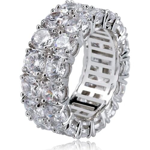 S925 Sterling Silver 2 Rows CZ Stone Bling Iced Out Round Finger Rings for Men Women Hip Hop Rapper Jewelry
