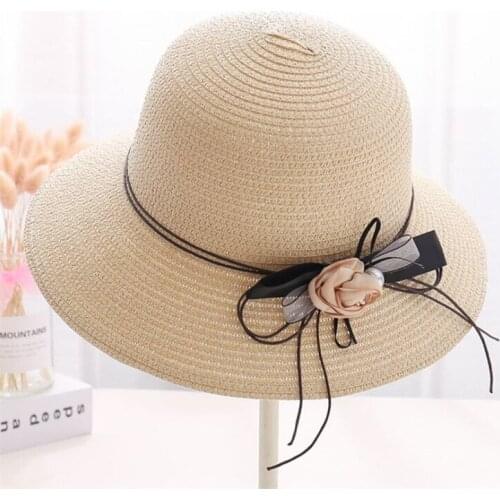 DONGYUN005 New women casual ribbon straw hat Summer large brim floppy sun hat Sunshade Cap Boater Panama