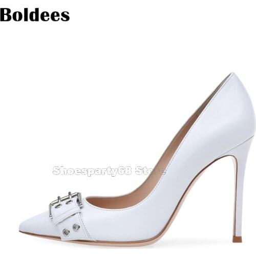 Fashion Show Concise Designer Pointed Toe Thin High Heel White Leather Dress Shoes Women Buckle Party OL Pumps