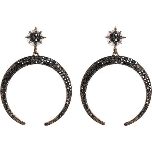 YaYi Jewelry Fashion Bohemia Black Glass Crystal Rhinestone Dangle Women Hook Eardrop Wear Ear Band Long Moon Tassel Earrings