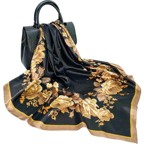 Rose Flower Satin Imitation Silk Scarf Women Printing Custom Logo Big Shawl 90cm Wholesale Scarf