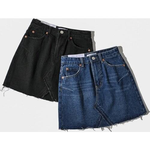 Summer new street solid color raw edge slim high waist denim skirt women, wild slim and tight skinny denim umbrella skirt women