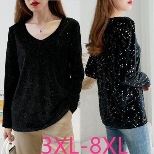 New ladies autumn winter plus size tops for women large long sleeve loose V neck sequin black T-shirt 3XL 4XL 5XL 6XL 7XL 8XL