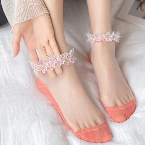 Women Silicone non-slip invisible Lace Socks Summer Solid Color Mesh Ankle Boat Socks Female Slipper No show Socks Accessories