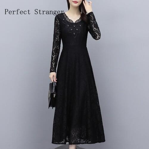 2021 Autumn New Arrival High Quality Korean Hot Sale V Collar Beads Long Sleeve Collect Waist Women Long Lace Dress