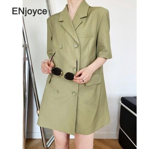 Women Double Breasted Suit Dress High Waist Korean Style Vintage Green Elegant Office Lady Short Sleeve Straight Mini Dresses