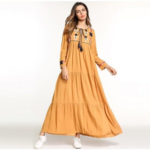 Embroidery Middle East Women Abaya Muslim dress Long Sleeve Kaftan Islamic arabic Turkish Maxi dresses loose maternity Dress