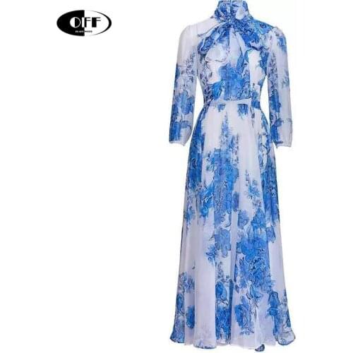 Designer Runway Plus Size 2XL Women Midi Dress Bow collar Floral-Print Bohemia Vacation Elegant Chiffon Party Dresses Femme robe