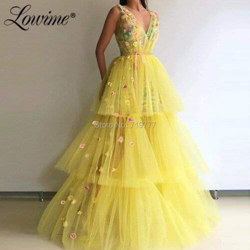 Amazing Summer V Neck Floral Evening Dress Yellow Arabic Party Gowns Long Formal Dress Robe De Soiree A Line Prom Dresses 2019