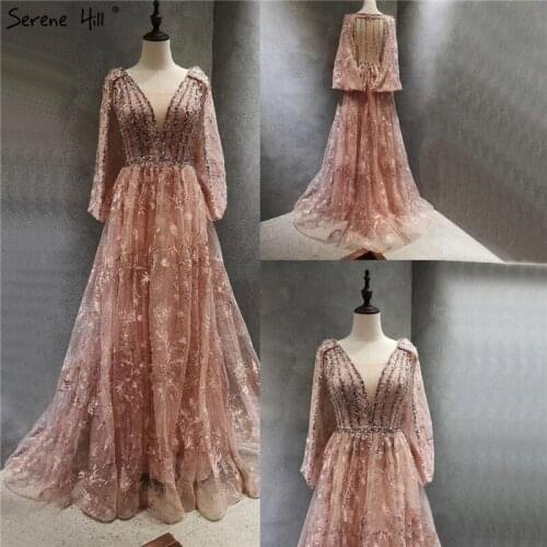 Serene Hill Dubai Pink V-Neck Sexy A-Line Evening Gown 2021 Long Sleeves Crystal Handmade Flowers Formal Party Dress CLA70339