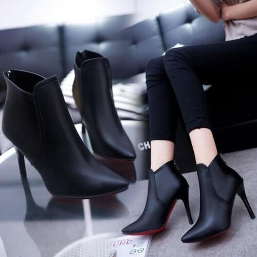 Mazefeng 2020 Winter Women Bare Boots High Heels Dress Shoes Pointed Toe Boots Black Red Botas Mujer Thin Heels Pumps Woman Shoe