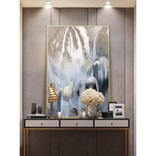 100% Hand Painted Silver Foil Canvas Feather Painting Handmade Thick Oil Paintings On The Wall Pictures For Living Room