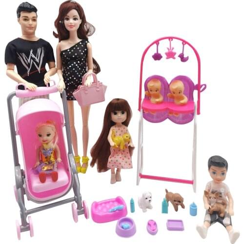 2021 11.5 "Multi-Joint Activity Couple Extended Family Barbies Doll Accessories + Dad Doll + Stroller Children Play House Toys