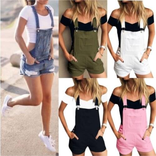Summer Cargo Pants Women Jeans Overalls Casual Sports Double Shoulder Streetwear Solid Black Baggy Distressed Denim Short Pants