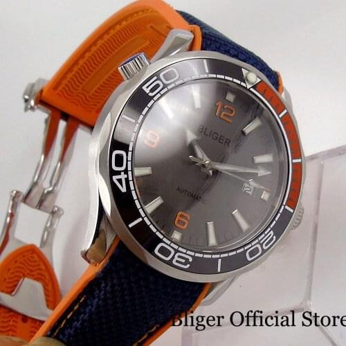BLIGER Mens Watch Brand Sapphire Glass MINGZHU / MIYOTA Automatic Movement Date Function Rubber Band Rotating Bezel