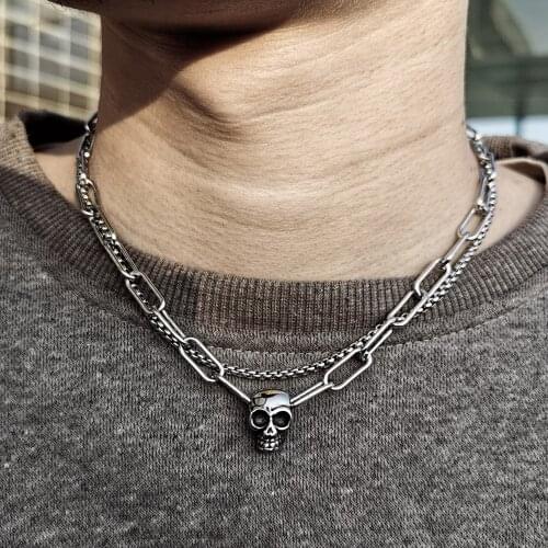 Double Layered Chain Skull Charm Choker Necklace for Men Boys Stainless Steel Box Cable Toggle Clasp Fashion Male Jewelry DDN229
