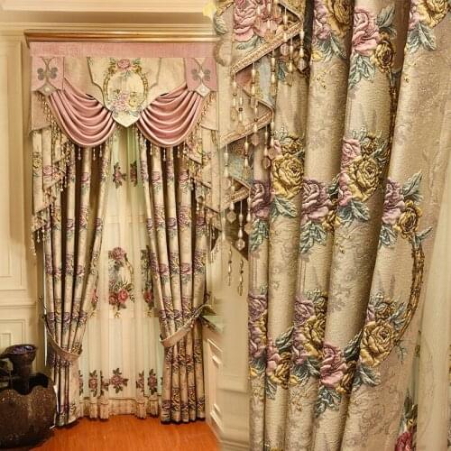 European Top Beige 4D Embossed Large Flower Thick Blackout Window Curtains for Living Room High Quality Villa Bedroom Curtain