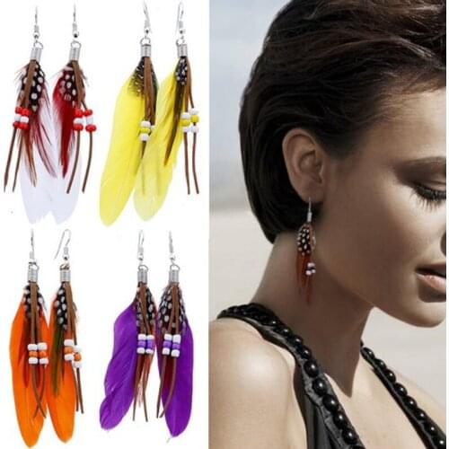 Hot Sale Jewelry Long Feather Earrings for Women Girls Bohemian Vintage Style Beads Fringe Drop Earrings
