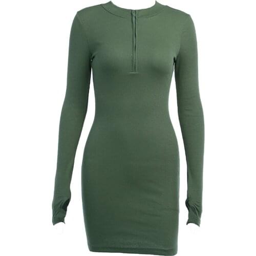 Hirigin Sexy Women Mini Dress Deep V Neck Long Sleeve Zipper Knitted Sweater Dresses Autumn Winter Elegant Slim Fit Dress Female